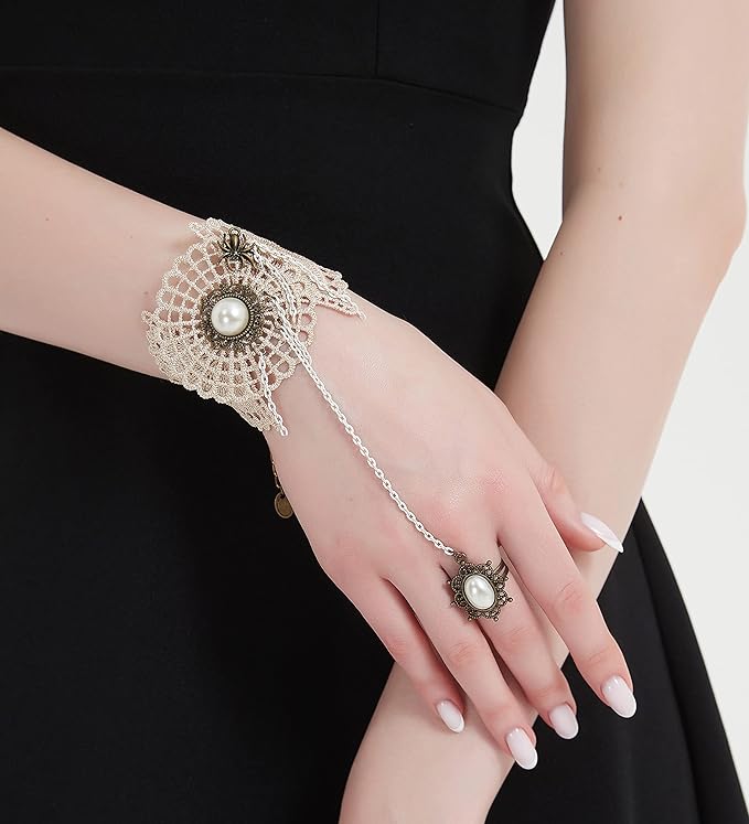 Gothic Pearl Lace Steampunk Wristband Vintage Pearl Pendant Tassel Lace Hand Chain with Finger Ring Lolita Lace Hand Accessories for Women and Girls (Style 1)