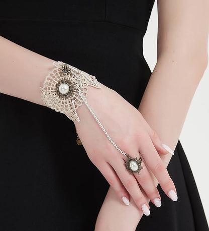 Gothic Pearl Lace Steampunk Wristband Vintage Pearl Pendant Tassel Lace Hand Chain with Finger Ring Lolita Lace Hand Accessories for Women and Girls (Style 1)
