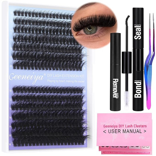 Geeneiya Full Lash Extension Kit Cluster Eyelash Extension Kit Clusters Individual Lashes Kit with Lash Bond and Seal Glue, Lash Remover, Lash Applicator, User Manual for Beginners(60P+80P, 280Pcs)