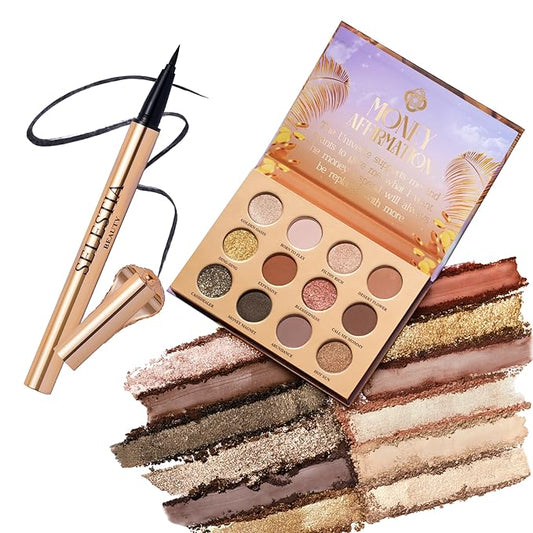 Liquid Eyeliner Pen & 12 Shades Eyeshadow Palette - Queen Cobra + Money Mantra - Cat Eye Black Eyeliner + Matte, Satin, Shimmer & Glitter Nude Eyeshadow Palette