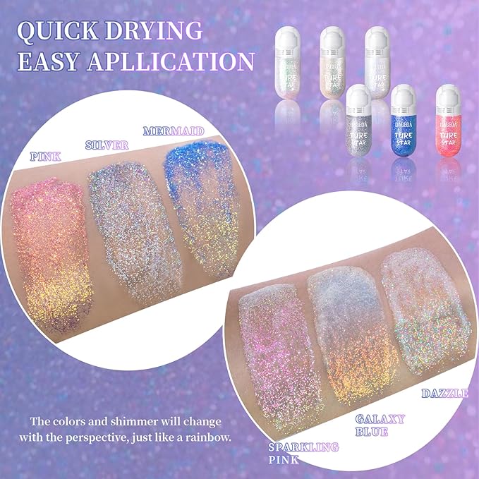 DAGEDA 2Colors Roll-on Body Glitter Gel for Body, Hair, Face, Holographic Glitter Makeup for Rave Accessories, Body Shimmer Hair Glitter Gel for Halloween Makeup(Dazzle + Sprakling Pink)