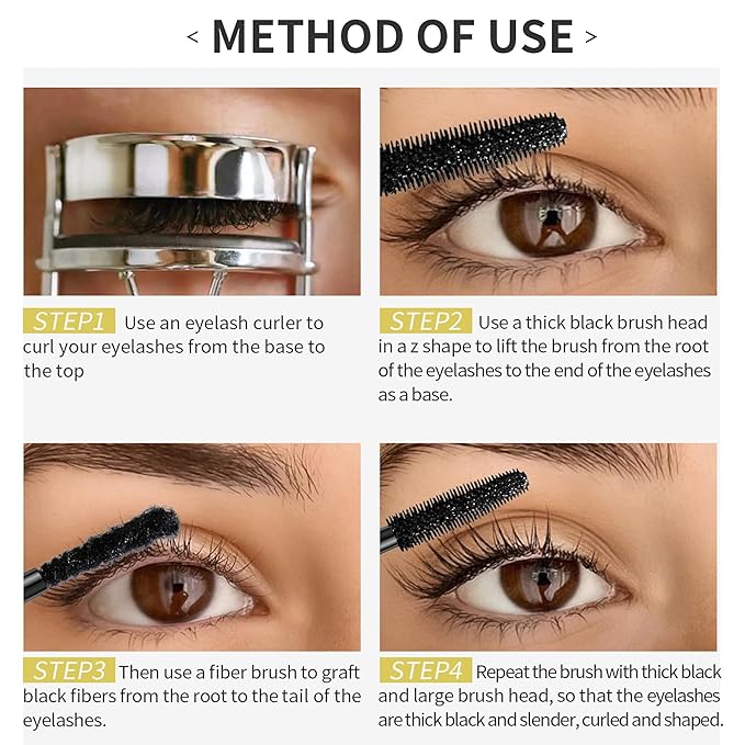 4d Lengthening Curling Black Mascara, 2 in 1 Mascara Double Headed Tubing for Lash Makeup, 5x Longer Waterproof Lash Silk Fiber Eyelash, Non Smudge Lasting Curling
