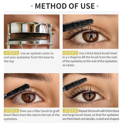 4d Lengthening Curling Black Mascara, 2 in 1 Mascara Double Headed Tubing for Lash Makeup, 5x Longer Waterproof Lash Silk Fiber Eyelash, Non Smudge Lasting Curling