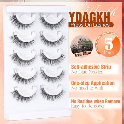 Self Adhesive Eyelashes Short 8-14mm Natural Self Adhesive Lashes No Glue Needed Invisible Band Reusable Press On Lashes without Eyeliner Cat Eye Pre Glued Mink Lashes 5 Pairs False Lashes by YDAGKH