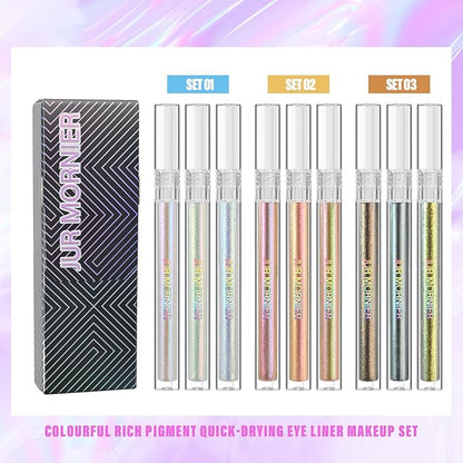 Multichrome Liquid Eyeshadow Set,3 Colors Multi-Dimensional Eye Liner Makeup,High Pigment Waterproof Metallic Eyeshadow,Ultre Fine Tip Glitter Eyeshadow (07 bronzer+08 armor+09 gold)