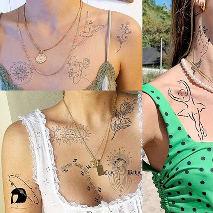 28 Sheets 220+ Minimalism Temporary Tattoos - Moon, Sun, Stars, Snakes, Flowers for Women, Men, Adults, Kids