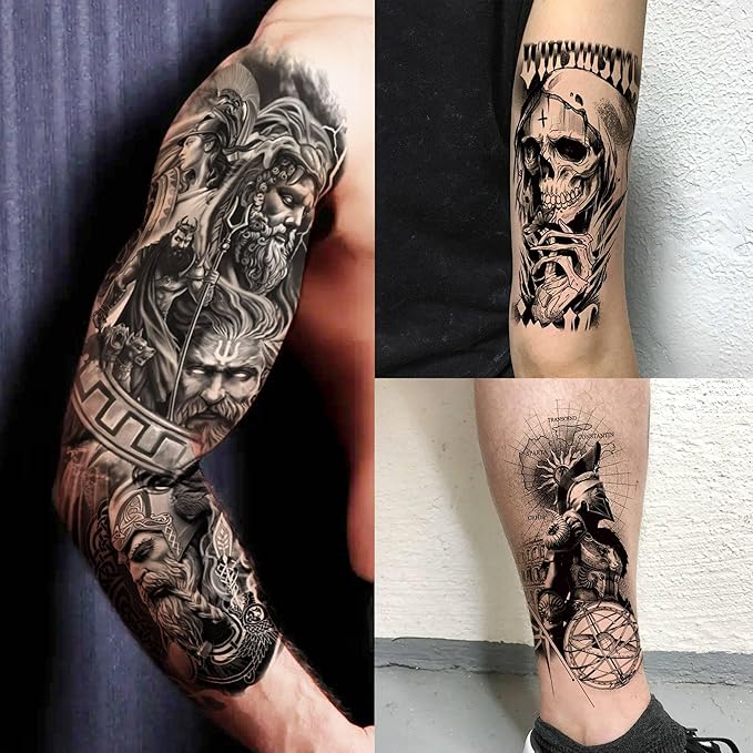 20 Sheets Gothic Nun Girl Prayer Full Arm Sleeve Temporary Tattoos For Men Women Thigh, Zeus God Indian Chicano Gangster Wolf FLower Fake Tattoo Sleeve For Adults, Halloween Black Tattoo Sticker Skull