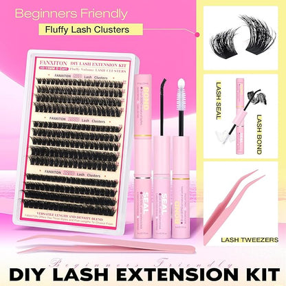 Lash Clusters Kit Thick Lash Extension Kit D Volume Lash Clusters 80D+100D+120D Eyelash Clusters Kit 10-18mm Eye Lash Clusters Wispy Individual Lashes with Bond and Seal
