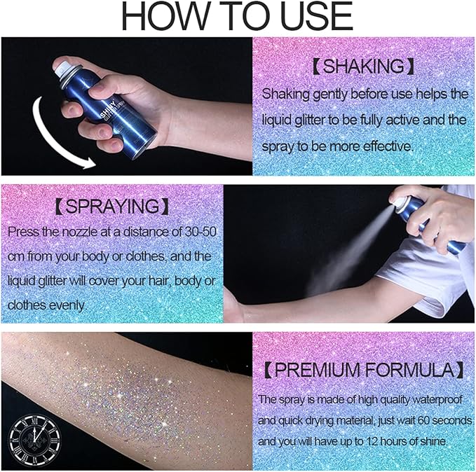 Lezero Body Glitter Spray, Temporary Shiny Hairspray for Face, Hair, Clothing, Long Lasting Quick-Drying Shimmer Mist for St. Patrick's Day, Music Festival Rave, Nightclub Party, Prom, 2oz