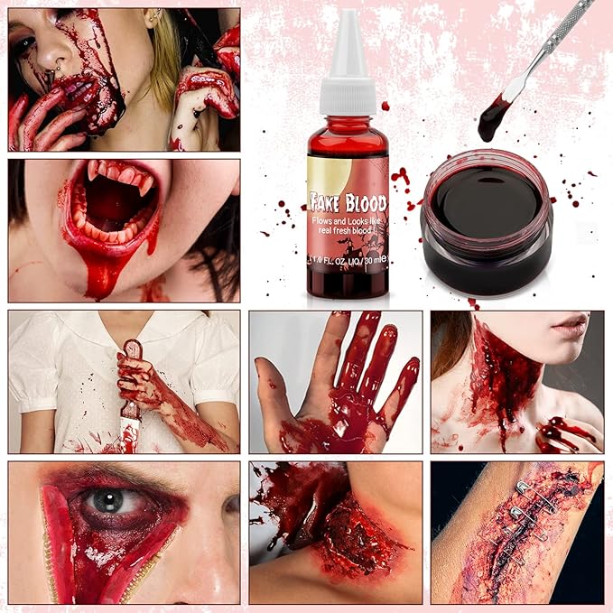 Halloween SFX Makeup Kit, Halloween Special Effects Wound Modeling, Scar Wax with Spatula, Fake Blood, Coagulated Blood Gel, Spirit Gum, Extension Oil, Stipple Sponge for Halloween Cosplay Makeup