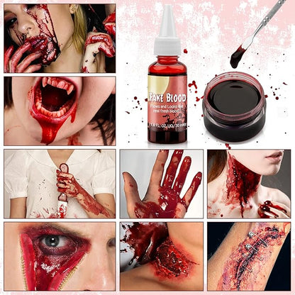 Halloween SFX Makeup Kit, Halloween Special Effects Wound Modeling, Scar Wax with Spatula, Fake Blood, Coagulated Blood Gel, Spirit Gum, Extension Oil, Stipple Sponge for Halloween Cosplay Makeup