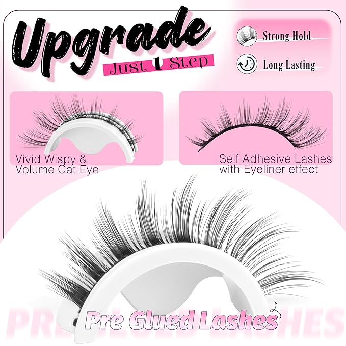 Self Adhesive Lashes Manga Lashes Natural Look Press On Lashes No Glue Needed Reusable Self Adhesive Eyelashes without Eyeliner Clear Band Anime Lashes Short 8-15mm Cat Eye Pre Glued Strip Lashes