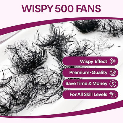500 Wispy Promade Fans - 5D 7D 9D, C CC D Curl, 0.05-0.07mm Thickness, 9-16mm Length - Wispy Lashes Handmade Premade Lash Fans Loose Spike Premade Fans Eyelash Extensions (7D-0.07-C 15mm)