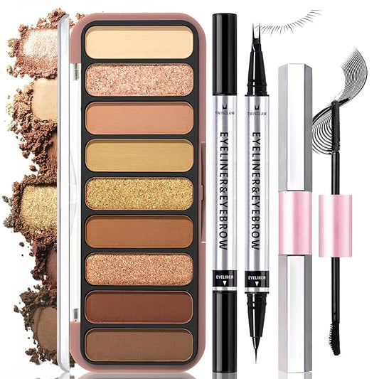 All in One Eye Makeup Kit -9 Colors Naked Eyeshadow with Brush, 2 in 1 Lower Lash & Eyebrow Pen, Mascara, Daily Eye Cosmetics Set for Beginner Everyday Eye Makeup Gift for Women Teens Girls