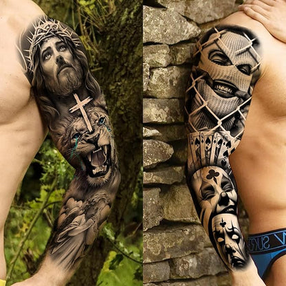 18 Sheets Chicano Full Arm Temporary Tattoos For Men Women Thigh, Chicana Guadalupe Joker Gangster Nun Girl Fake Sleeve Tattoos For Adults, Temp Bulk Jesus Christ Prison Black Halloween Tattoo Sticker