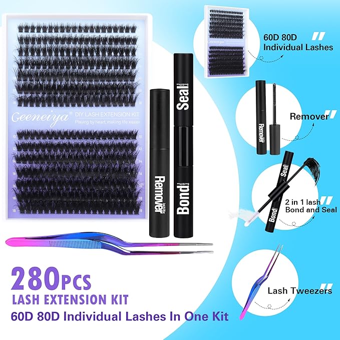 Geeneiya Full Lash Extension Kit Cluster Eyelash Extension Kit Clusters Individual Lashes Kit with Lash Bond and Seal Glue, Lash Remover, Lash Applicator, User Manual for Beginners(60P+80P, 280Pcs)