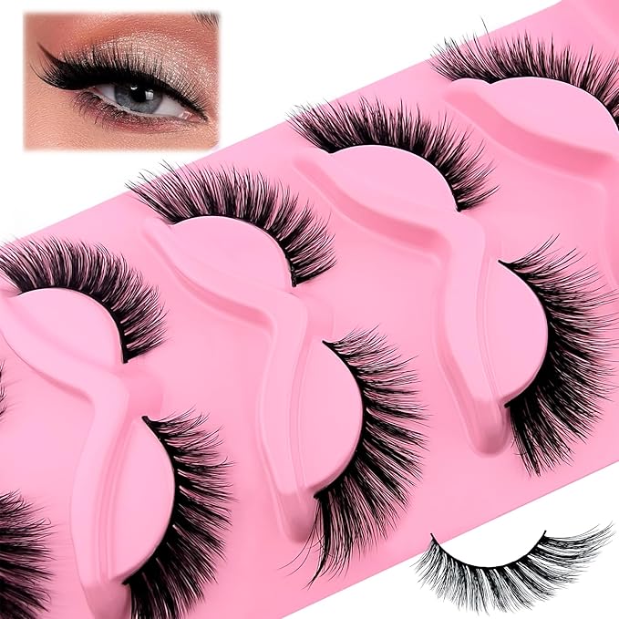 Fox Eye Lashes Wispy Eyelashes 18mm Cat-Eye Lashes Angel Wing Lashes Faux Mink False Eyelashes Natural Look 5 Pairs pack(XF05), black
