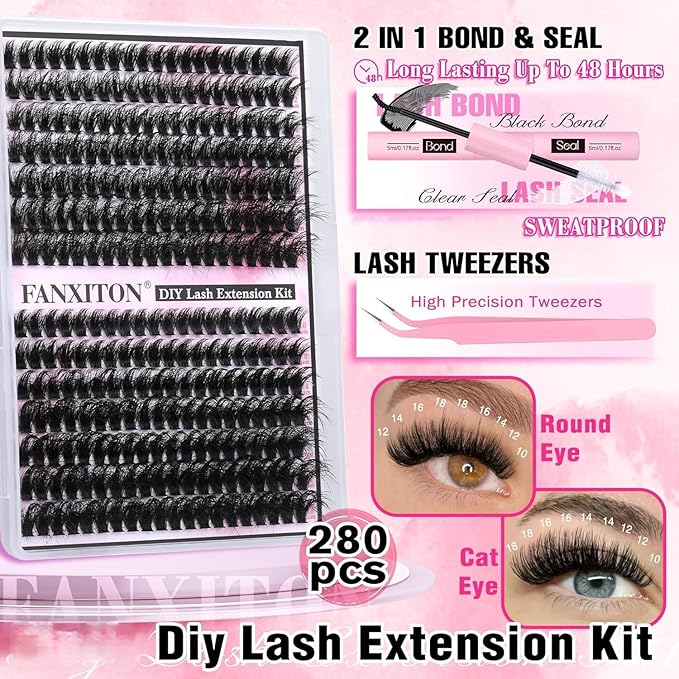 FANXITON Lash Clusters with Lash Bond and Seal Sweatproof, 10-18 mm D Volume Lash Extension Kit 280 pcs Individual Lashes Lash Clusters Kit and Tweezers Thick DIY Eyelash Extension Kit