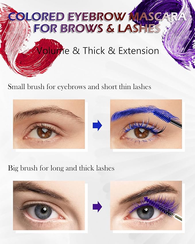 Purple Waterproof Mascara for Eyelashes Eyebrow, Long Lasting Tinted Brow Lash Extension Máscara, Curly Volumizing Eyebrow Mascara, Smudge Proof Non Clump Colored Brow Gel Eye Makeup for Women