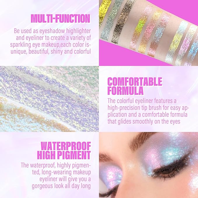 Multichrome Liquid Eyeshadow Set,3 Colors Multi-Dimensional Eye Liner Makeup,High Pigment Waterproof Metallic Eyeshadow,Ultre Fine Tip Glitter Eyeshadow (07 bronzer+08 armor+09 gold)