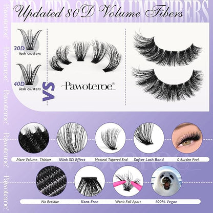 Lash Extension Kit Lash Clusters 80D Full DIY Cluster Eyelash Extension Kit 10-20mm Individual Lashes Mink with Lash Bond and Seal, Lash Tweezers for Self Application (Mink 80D,10-20mm, Kit)