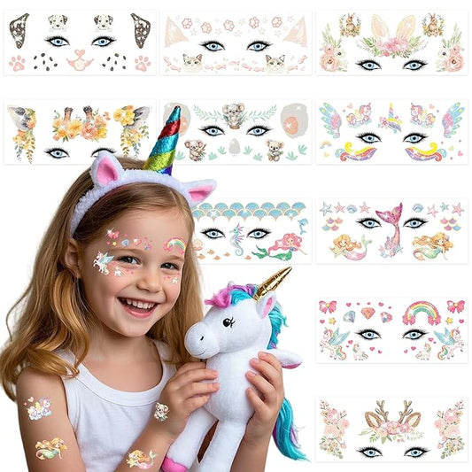 Glitter Face Tattoos For Kids Cat Deer Face Makeup Paint for Kids Boys Girls Party Bag Filler Birthday Party Supplies Favors Unicorn Mermaid Toddler Temporary Tattoo Stickers