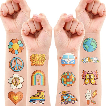 96PCS Groovy 70s Pre-Cut Temporary Tattoos - Retro Flower Power, Good Vibes Party Decorations & Favors | Cute Tattoos Stickers Gift for Kids, Boys & Girls, Baby Shower & Prize Supplies
