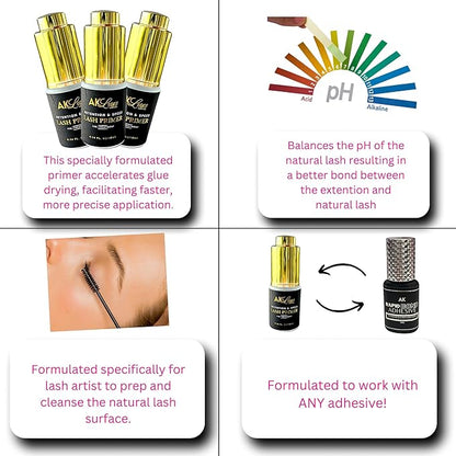 AK Lash Primer | Retention & Speed Pre-Treatment 10ml - Boosts Adhesion, Improves Bond Retention, Ideal for Natural Lashes and Eyelash Extensions, Semi-Permanent Eyelash Extension Supplies