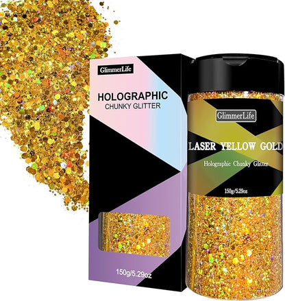 GlimmerLife Chunky Holographic Gold Glitter, 150G/5.29OZ, Iridescent Metallic Craft Glitter for Resin, Nail, Face Makeup, DIY Decorations