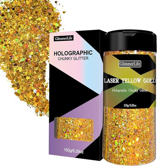 GlimmerLife Chunky Holographic Gold Glitter, 150G/5.29OZ, Iridescent Metallic Craft Glitter for Resin, Nail, Face Makeup, DIY Decorations
