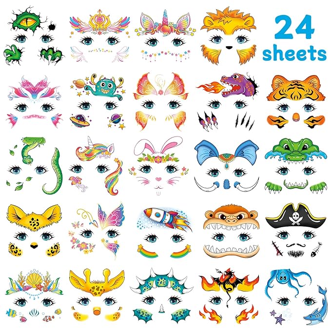 EMOME Face Tattoos for Kids - 48 Sheets Party Pack, Face Paint Tattoos Makeup for Boys and Girls Birthday Party Supplies Games, Face Tattoo Stickers for Kids Party Favors Goodie Bag Stuffers