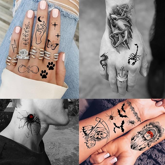 75 Sheets Black Realistic 3D Rose Flowers Temporary Tattoos For Women Girls Adults, Guadalupe Virgin Mary Lotus Snake Peony Florals Blossom Fake Tattoo Stickers Forearm Lion Fox Spider Web Skull Lotus