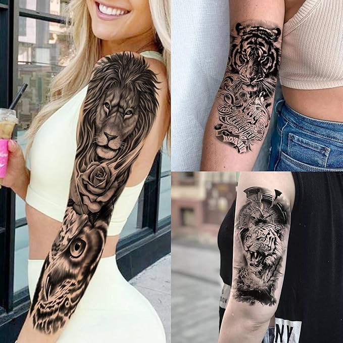 20 Sheets Large Tiger Full Arm Temporary Tattoos For Women, 8 Sheets Full Sleeve Tattoos For Men Tiger Lion Eagle Owl Compass Flower, 12 Sheets Half Arm Tattoo Sleeve For Adults Ship Skull
