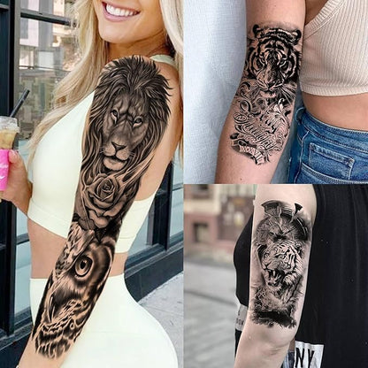 20 Sheets Large Tiger Full Arm Temporary Tattoos For Women, 8 Sheets Full Sleeve Tattoos For Men Tiger Lion Eagle Owl Compass Flower, 12 Sheets Half Arm Tattoo Sleeve For Adults Ship Skull