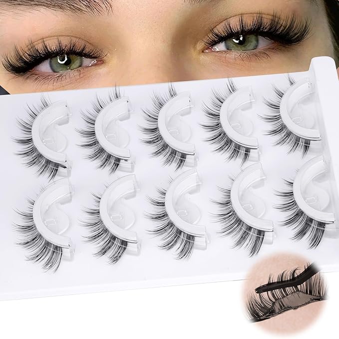 Self Adhesive Lashes Manga Lashes Natural Look Press On Lashes No Glue Needed Reusable Self Adhesive Eyelashes without Eyeliner Clear Band Anime Lashes Short 8-15mm Cat Eye Pre Glued Strip Lashes