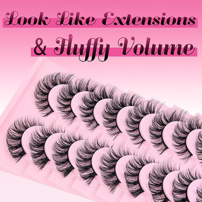 Ahrikiss Russian Strip Lashes D Curl False Eyelashes Fluffy Wispy Faux Mink Lashes 10 Pairs Pack (D07)