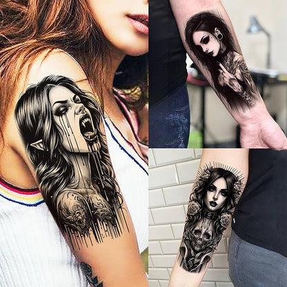 67 Sheets Black Gothic Temporary Tattoos For Men Women, Halloween Death Devil Evil Spirit Satan Fiend Demon Half Arm Sleeve Tattoo Stickers Scary Face Vampire Zombies, Prison Fake Tattoos For Adults