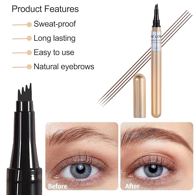 Magic Eyebrow Pencil, 2024 New 3D Microblading Waterproof Eyebrow Pencil, Natural Makeup Fine Stroke Magic Eyebrow Pencil with 4 Micro-Fork Tip for Women(Black)