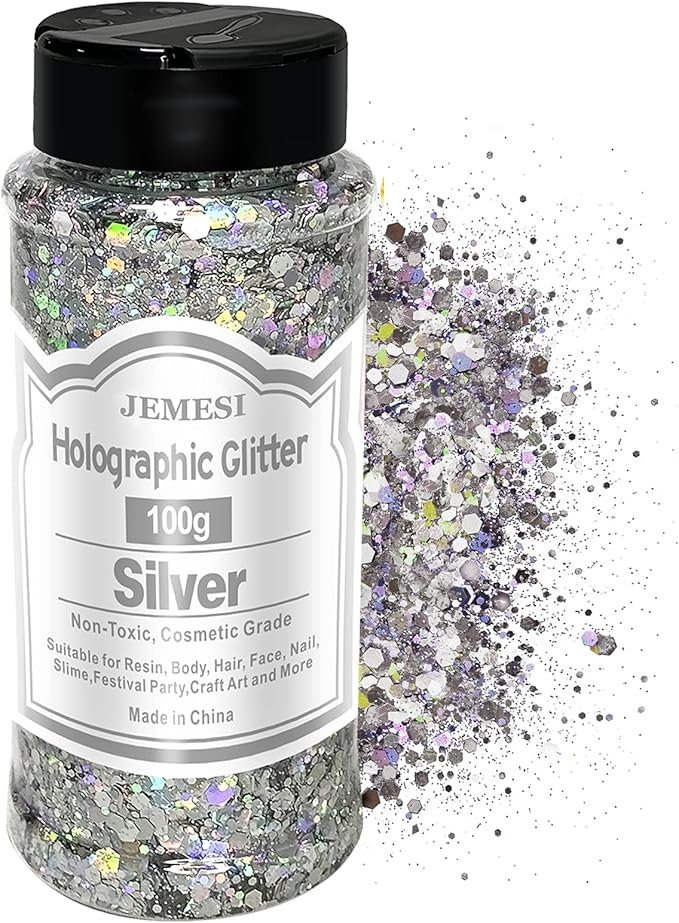 Holographic Chunky Glitter, 100g Silver Cosmetic Craft Glitter for Epoxy Resin, Nail Sequins Iridescent Flakes, Body, Face, Hair, Nail, Glitter Slime Making