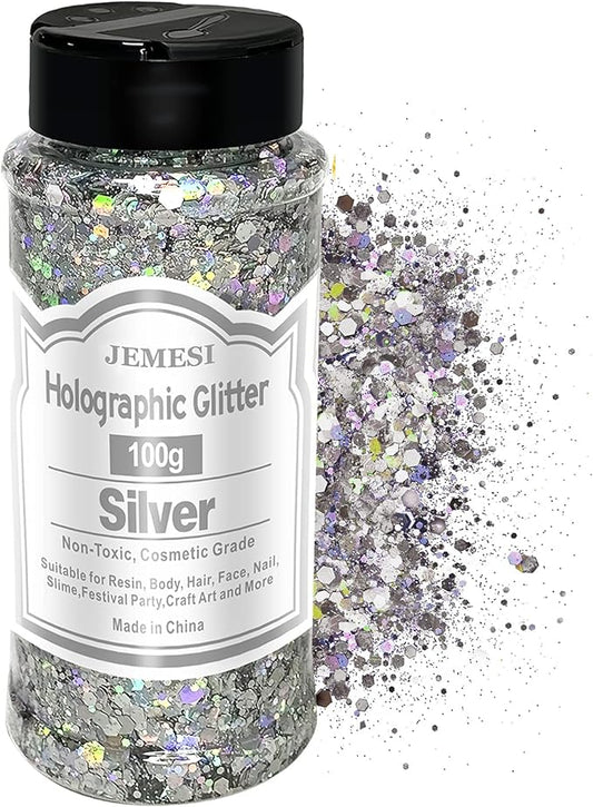 Holographic Chunky Glitter, 100g Silver Cosmetic Craft Glitter for Epoxy Resin, Nail Sequins Iridescent Flakes, Body, Face, Hair, Nail, Glitter Slime Making