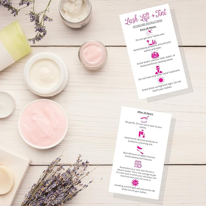 Lash Lift + Tint Aftercare Instruction Cards | 50 Pack | 2 x 3.5” inches Business Card Size | Eyelash Lift and Tint Kit at Home DIY aftercare Supplies | White with Pink Icon Design