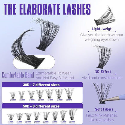 Geeneiya Natural Lash Clusters Kit 30D+50D Wispy Lash Extension Kit 10-18mm Cluster Eyelash Extensions Kit Natural Individual Lashes with Waterproof Lash Bond and Seal, Lash Tweezers (300Pcs)