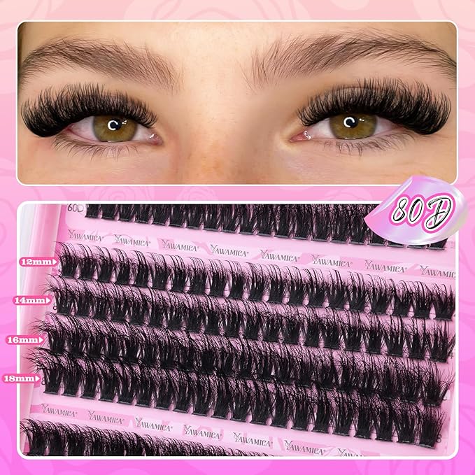 Yawamica Fluffier Eyelash Clusters Wispy Lash Extension 60D+80D+90D Thick Volume Individual Lashes 12-18mm Cluster Lashes D Curly Cluster Eyelash Extensions 240pcs DIY Lash by Self