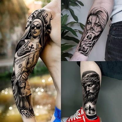 18 Sheets Chicano Full Arm Temporary Tattoos For Men Women Thigh, Chicana Guadalupe Joker Gangster Nun Girl Fake Sleeve Tattoos For Adults, Temp Bulk Jesus Christ Prison Black Halloween Tattoo Sticker