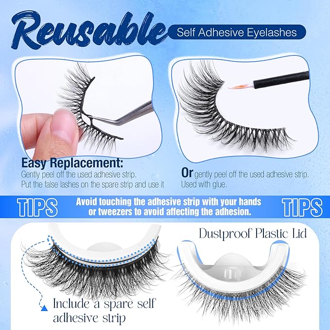 Natural Self Adhesive Eyelashes Pre Glued Lashes Cat Eye Reusable Self Adhesive Lashes No Glue Needed Press On Lashes without Eyeliner D-curly Wispy Strip False Eyelashes Natural Look by YDAGKH