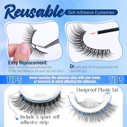Natural Self Adhesive Eyelashes Pre Glued Lashes Cat Eye Reusable Self Adhesive Lashes No Glue Needed Press On Lashes without Eyeliner D-curly Wispy Strip False Eyelashes Natural Look by YDAGKH