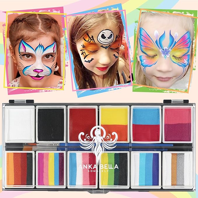 Professional Face Painting Kit for Kids,12X10gm Washable Rainbow Cake Face Paint with Stencil & Brushes,Hypoallergenic Safe & Non-Toxic,Gift for Birthday Parties/Halloween/Carnival