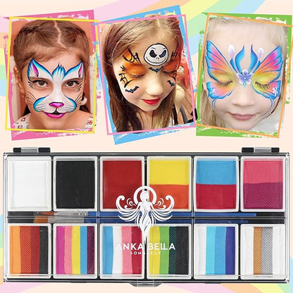 Professional Face Painting Kit for Kids,12X10gm Washable Rainbow Cake Face Paint with Stencil & Brushes,Hypoallergenic Safe & Non-Toxic,Gift for Birthday Parties/Halloween/Carnival