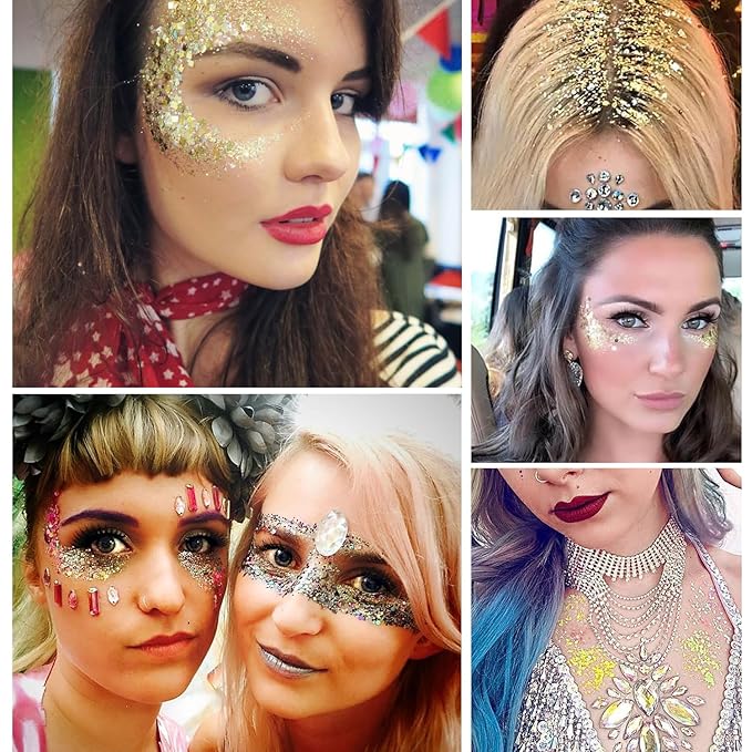 Glitter Gel with Face Rhinestones Christmas Sequin, Face Glitter Body Gel Sequins Shimmer Liquid Eyeshadow, Chunky Glitter for Face Hair Nails, Gold Sparkling Christmas Party Makeup for Women