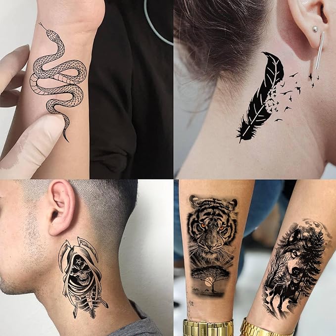 68 Sheets Black Tribal Wolf Lion Temporary Tattoos For Men Women, Halloween Skull Half Arm Sleeve Tattoo Stickers Tiger Zeus God Jesus Christ Gladiator, 3D Temp Waterproof Fake Tattoos For Adults Owl